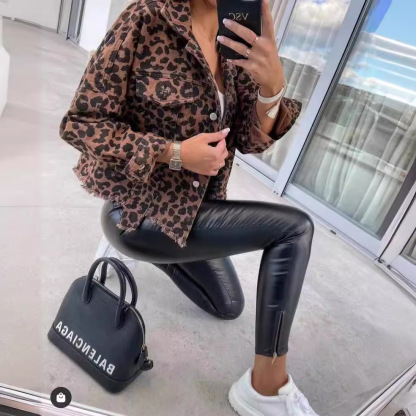 2025 Vintage Latte Leopard Washed Corduroy Jacket With Distressed Hem
