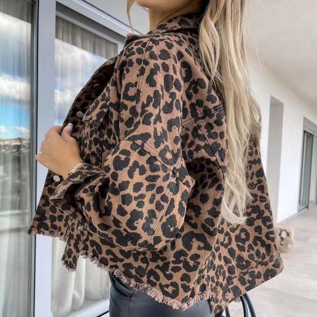 2025 Vintage Latte Leopard Washed Corduroy Jacket With Distressed Hem