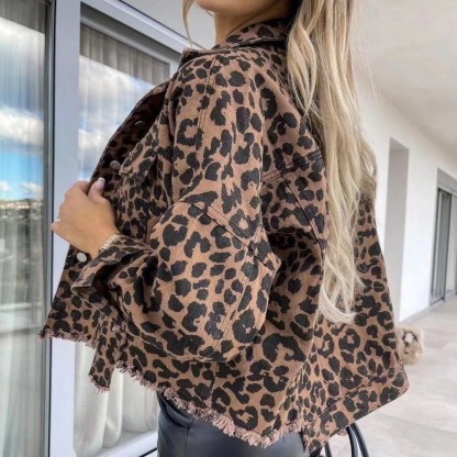 2025 Vintage Latte Leopard Washed Corduroy Jacket With Distressed Hem