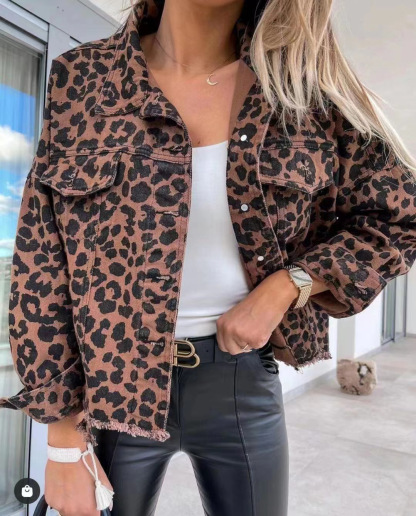 2025 Vintage Latte Leopard Washed Corduroy Jacket With Distressed Hem