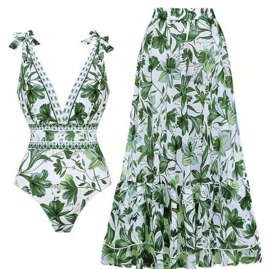 Blue And White Porcelain Swimsuit Wrap Skirt Suits