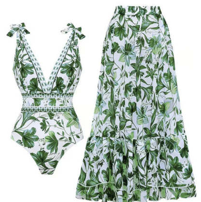 Blue And White Porcelain Swimsuit Wrap Skirt Suits
