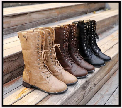 New Women's Round Toe High Flat Heel Martin Boots Flat Heel