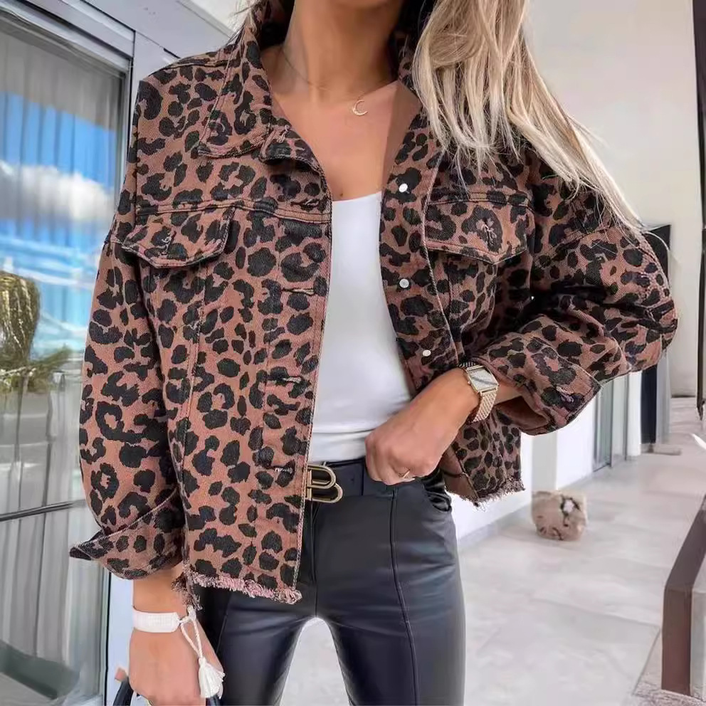2025 Vintage Latte Leopard Washed Corduroy Jacket With Distressed Hem