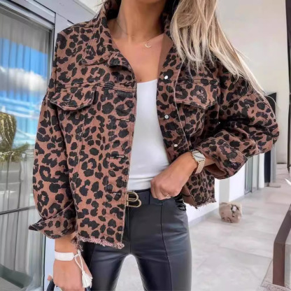 2025 Vintage Latte Leopard Washed Corduroy Jacket With Distressed Hem
