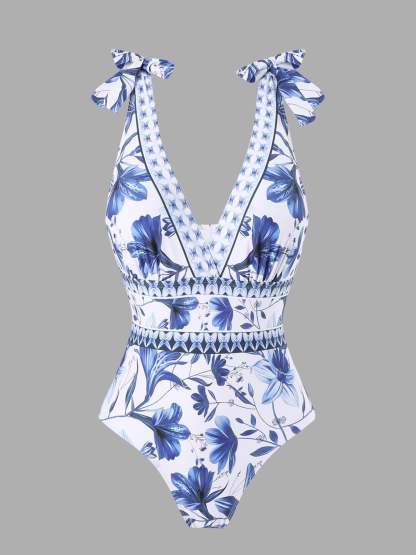 Blue And White Porcelain Swimsuit Wrap Skirt Suits