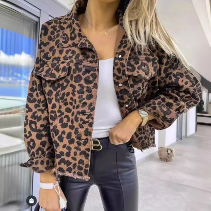 2025 Vintage Latte Leopard Washed Corduroy Jacket With Distressed Hem