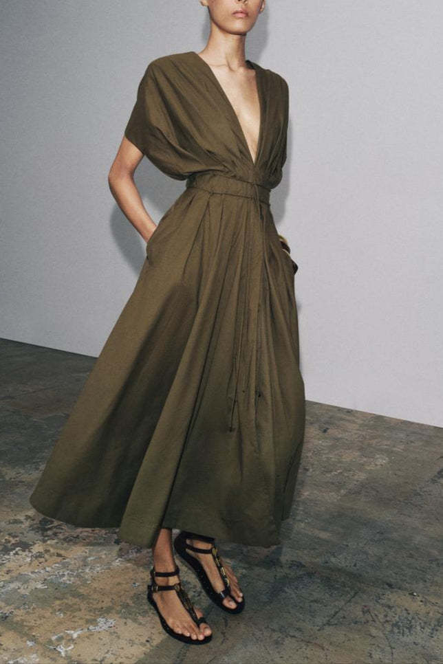 Deep Olive Pleated V-Neck Maxi Dress