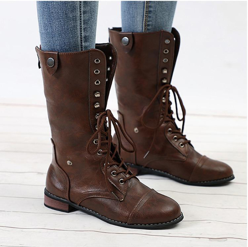 New Women's Round Toe High Flat Heel Martin Boots Flat Heel