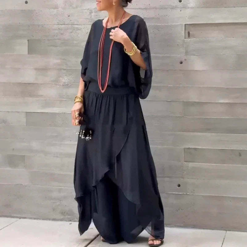 Loose Top & Slit Wide-Leg Pants Chiffon 2-Piece Set