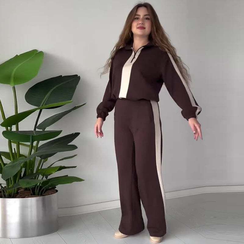 Women's Zipper Lapel Tops & Pants 2-Piece Set