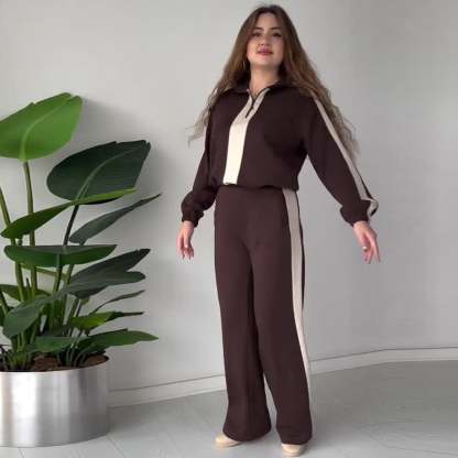 Women's Zipper Lapel Tops & Pants 2-Piece Set