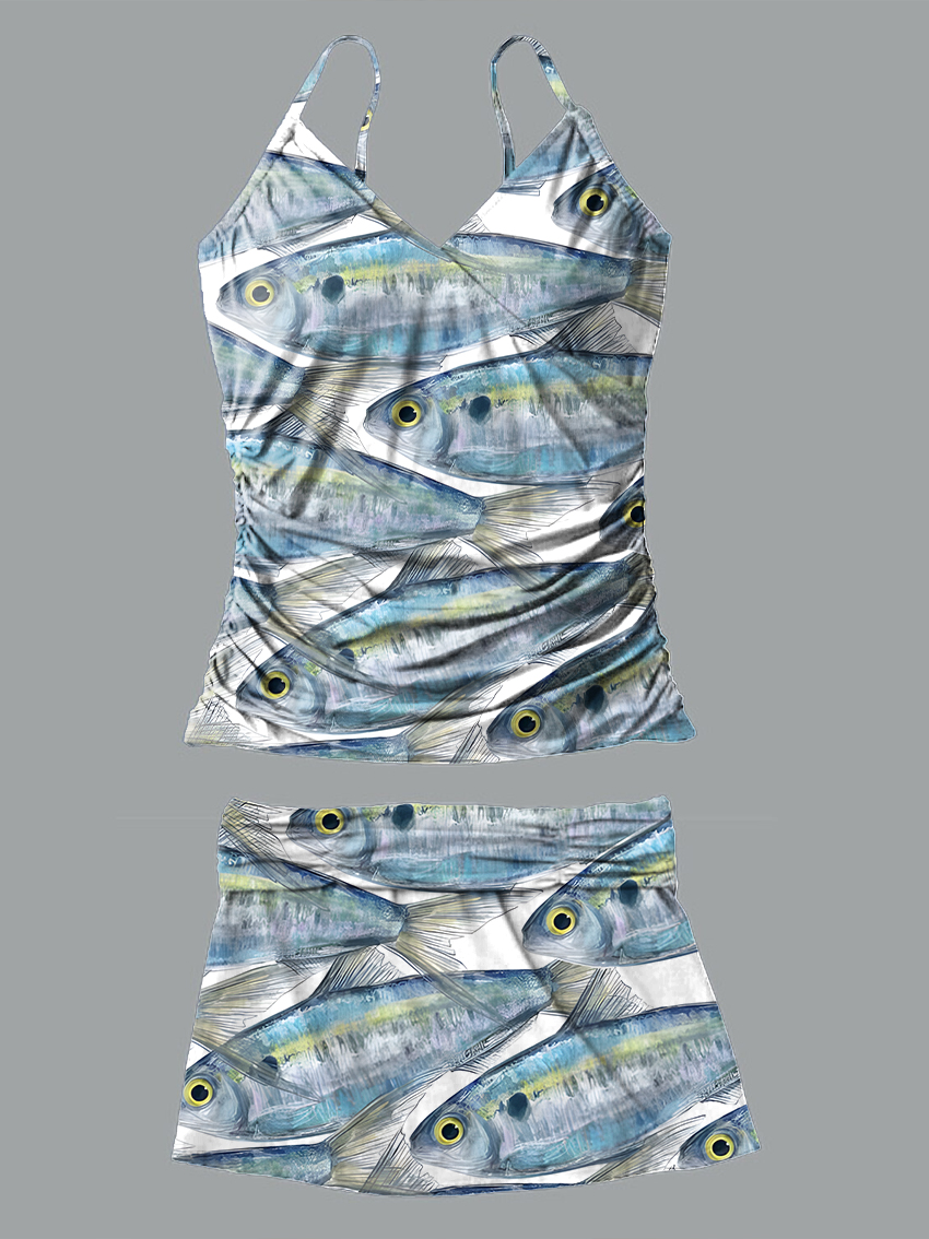 V-Neck Retro Fish Art Print Suspender Skirt Tankini Pantskirt Set Swimsuit