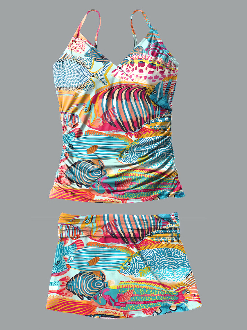 V-Neck Retro Multicolor Fish Art Print Suspender Skirt Tankini Pantskirt Set Swimsuit