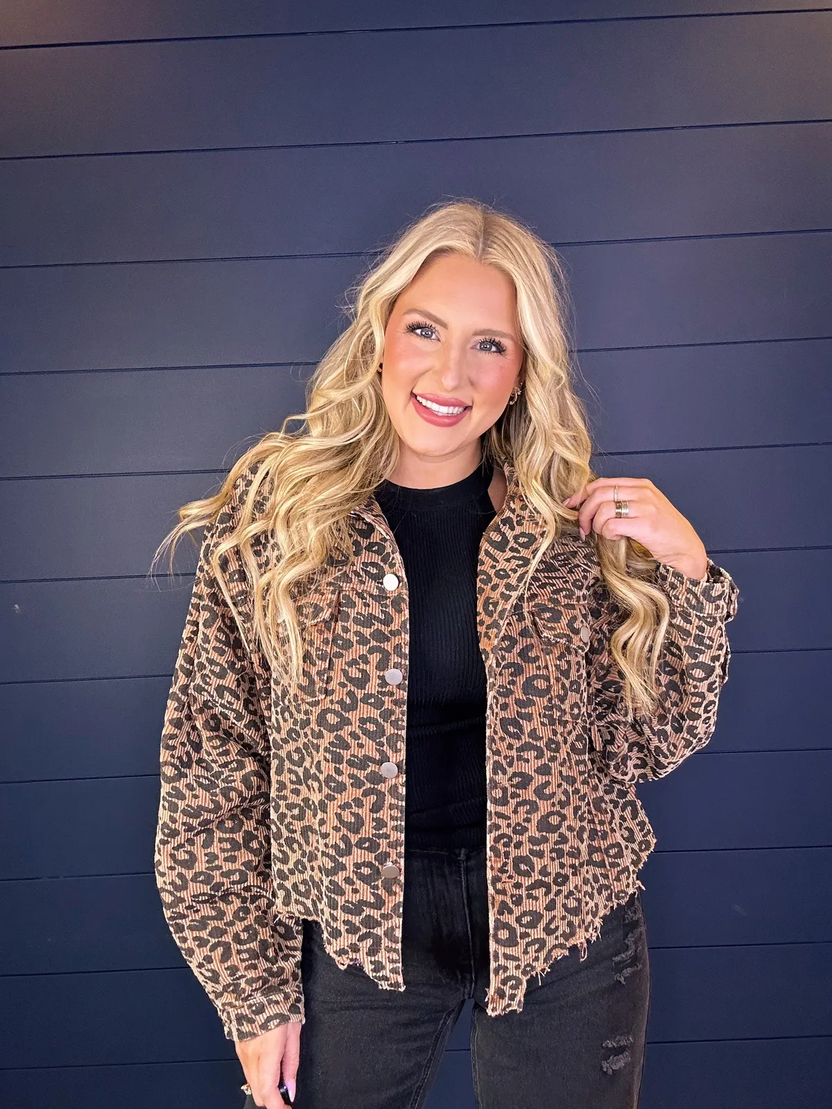 2025 Vintage Latte Leopard Washed Corduroy Jacket With Distressed Hem