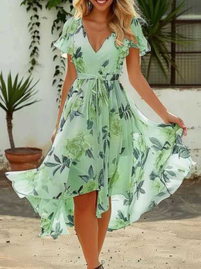 Ruffled Sleeves Elegant Floral Regular Fit Dress