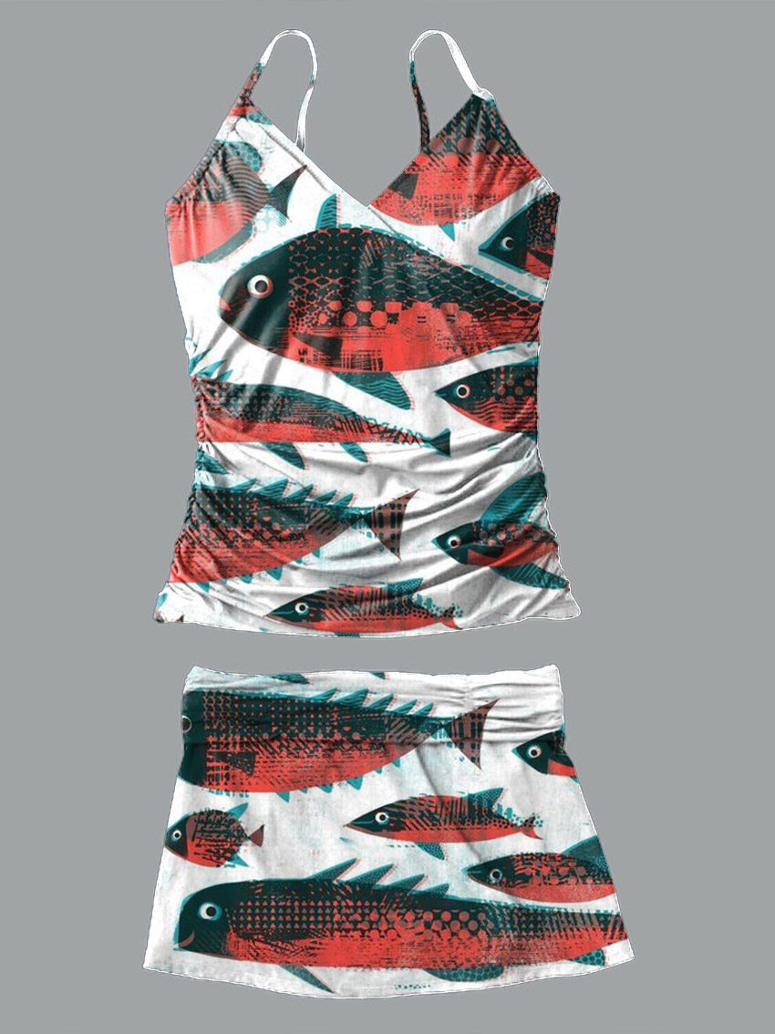 V-Neck Gradual Geometric Fish Art Print Suspender Skirt Tankini Pantskirt Set Swimsuit