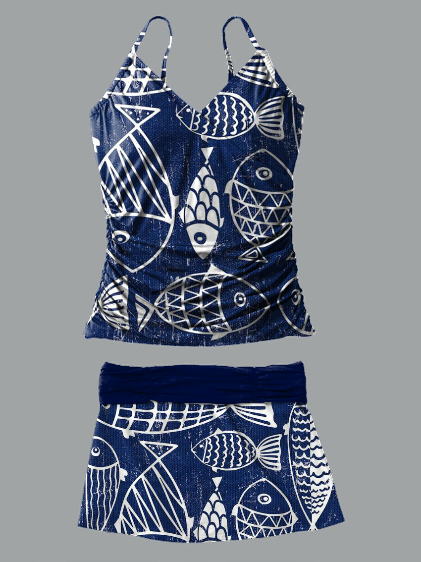 V-Neck Navyblue Fish Print Suspender Skirt Tankini Pantskirt Set Swimsuit