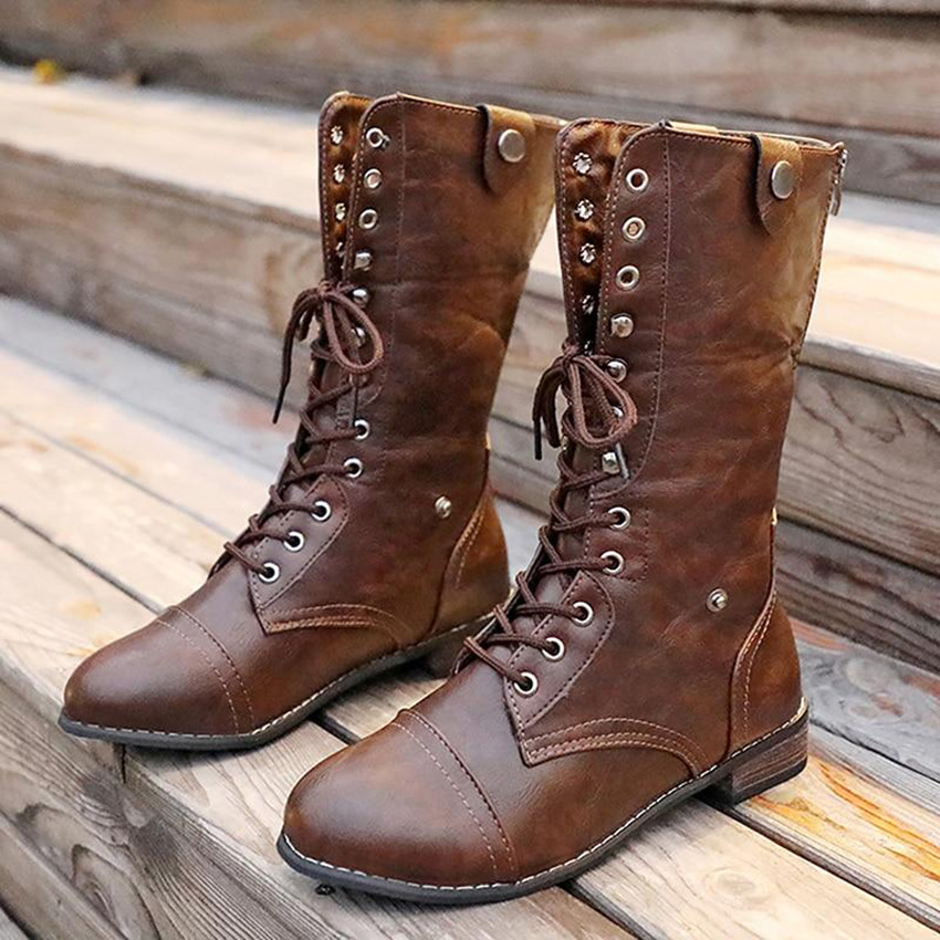 New Women's Round Toe High Flat Heel Martin Boots Flat Heel