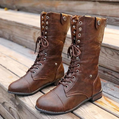 New Women's Round Toe High Flat Heel Martin Boots Flat Heel