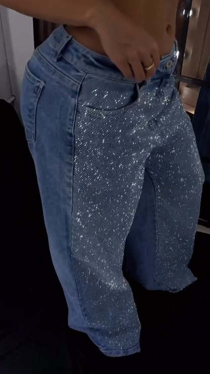 Women's Single-sided Rhinestone Wide-leg Casual Jeans
