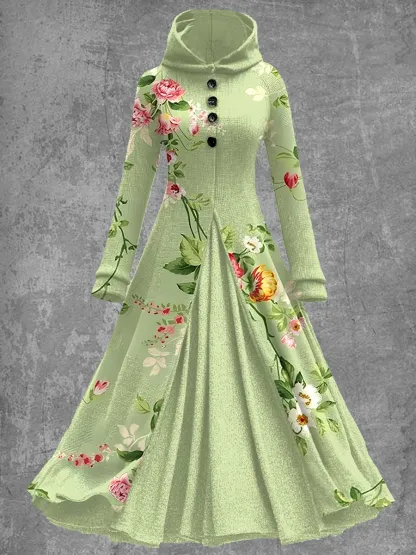 Art Print Vintage Elegant Long Sleeve Maxi Dress