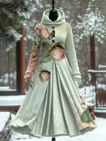 Art Print Vintage Elegant Long Sleeve Maxi Dress
