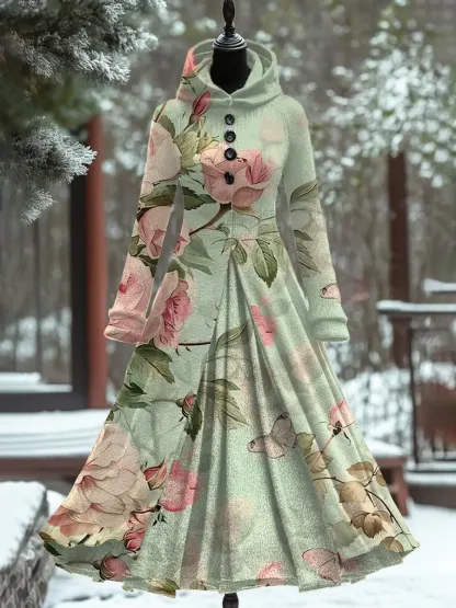 Art Print Vintage Elegant Long Sleeve Maxi Dress