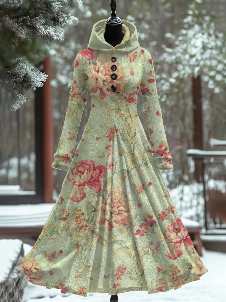 Art Print Vintage Elegant Long Sleeve Maxi Dress