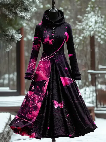 Art Print Vintage Elegant Long Sleeve Maxi Dress