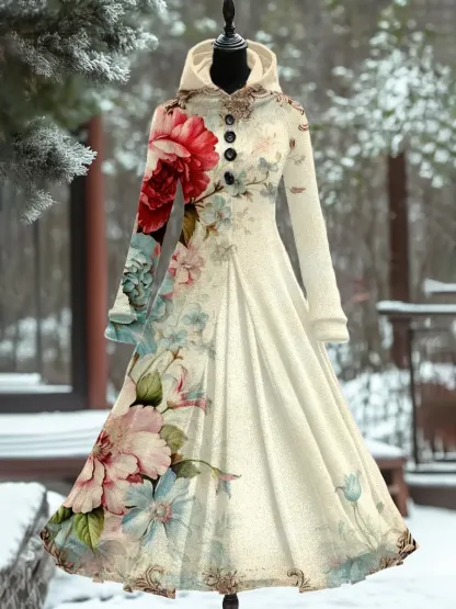 Art Print Vintage Elegant Long Sleeve Maxi Dress