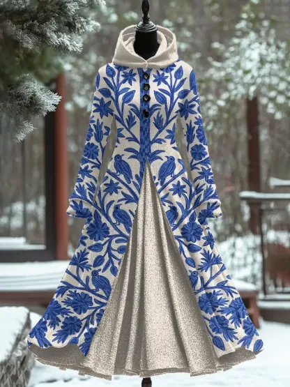 Art Print Vintage Elegant Long Sleeve Maxi Dress