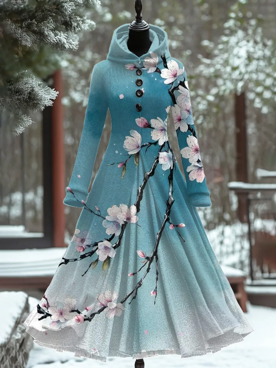 Art Print Vintage Elegant Long Sleeve Maxi Dress
