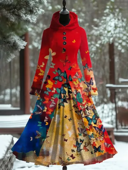Art Print Vintage Elegant Long Sleeve Maxi Dress