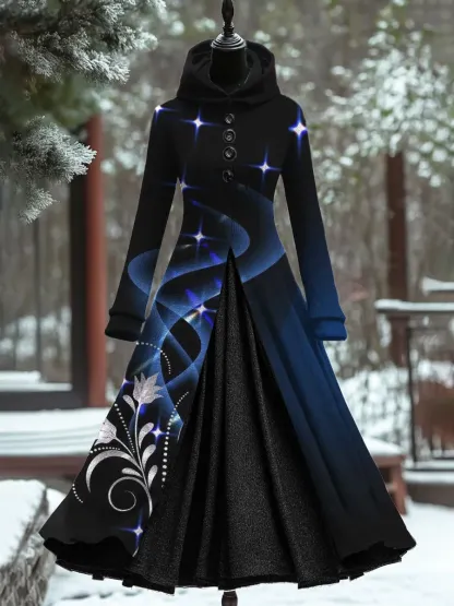 Art Print Vintage Elegant Long Sleeve Maxi Dress