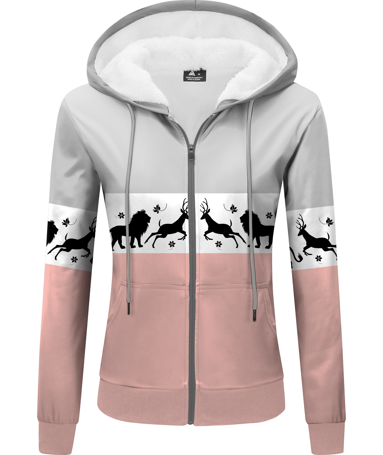 ZITY Women's Color Block Deer Print Zip Up Fleece Hoodie-CUWFH01529