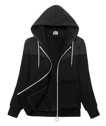 ZITY Women's Drawstring Full Zipper Color Block Fleece Hoodie-CUWFH01387