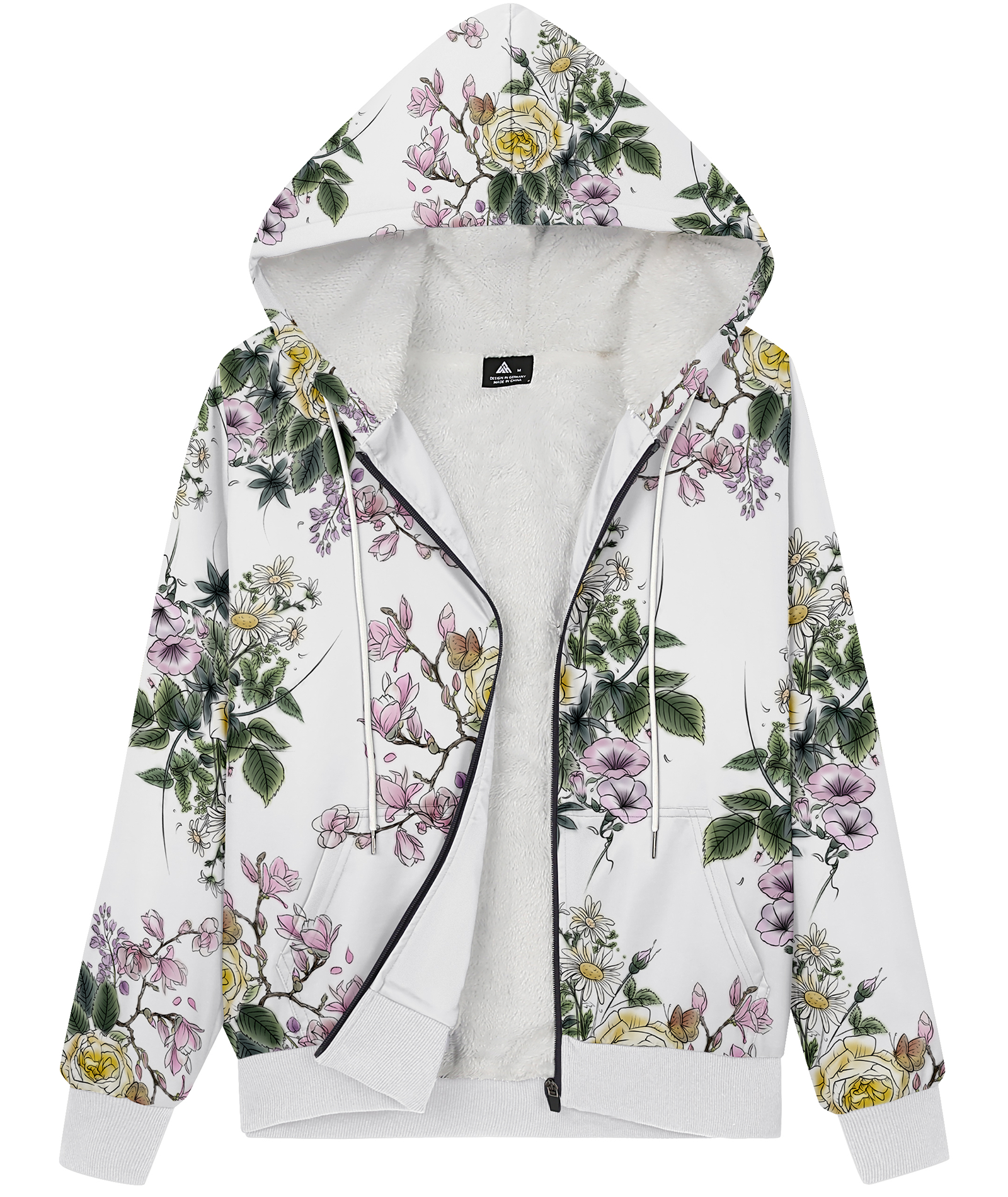 ZITY Women's Full Zipper Flower Print Fleece Hoodie-CUWFH01075