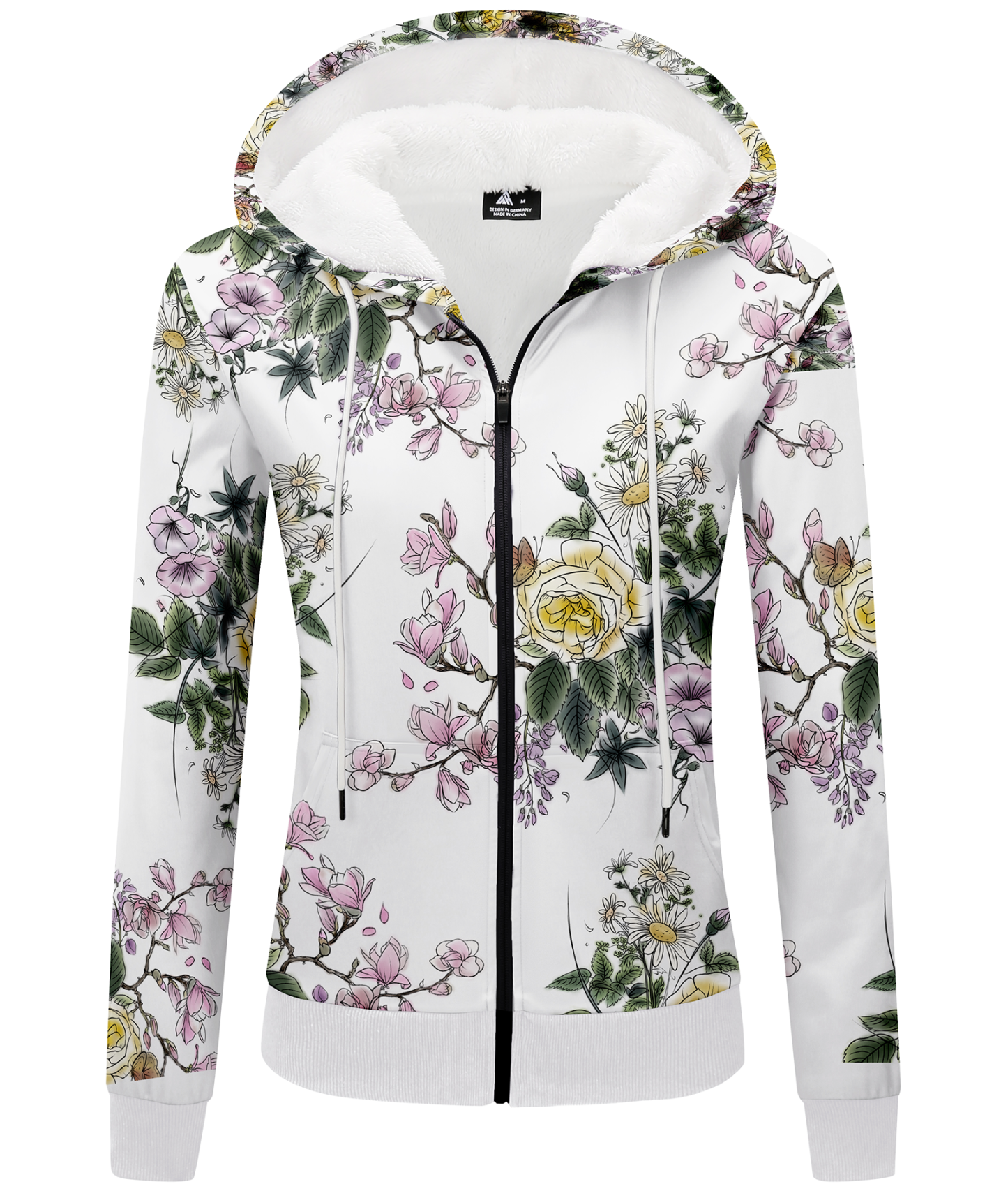 ZITY Women's Full Zipper Flower Print Fleece Hoodie-CUWFH01075
