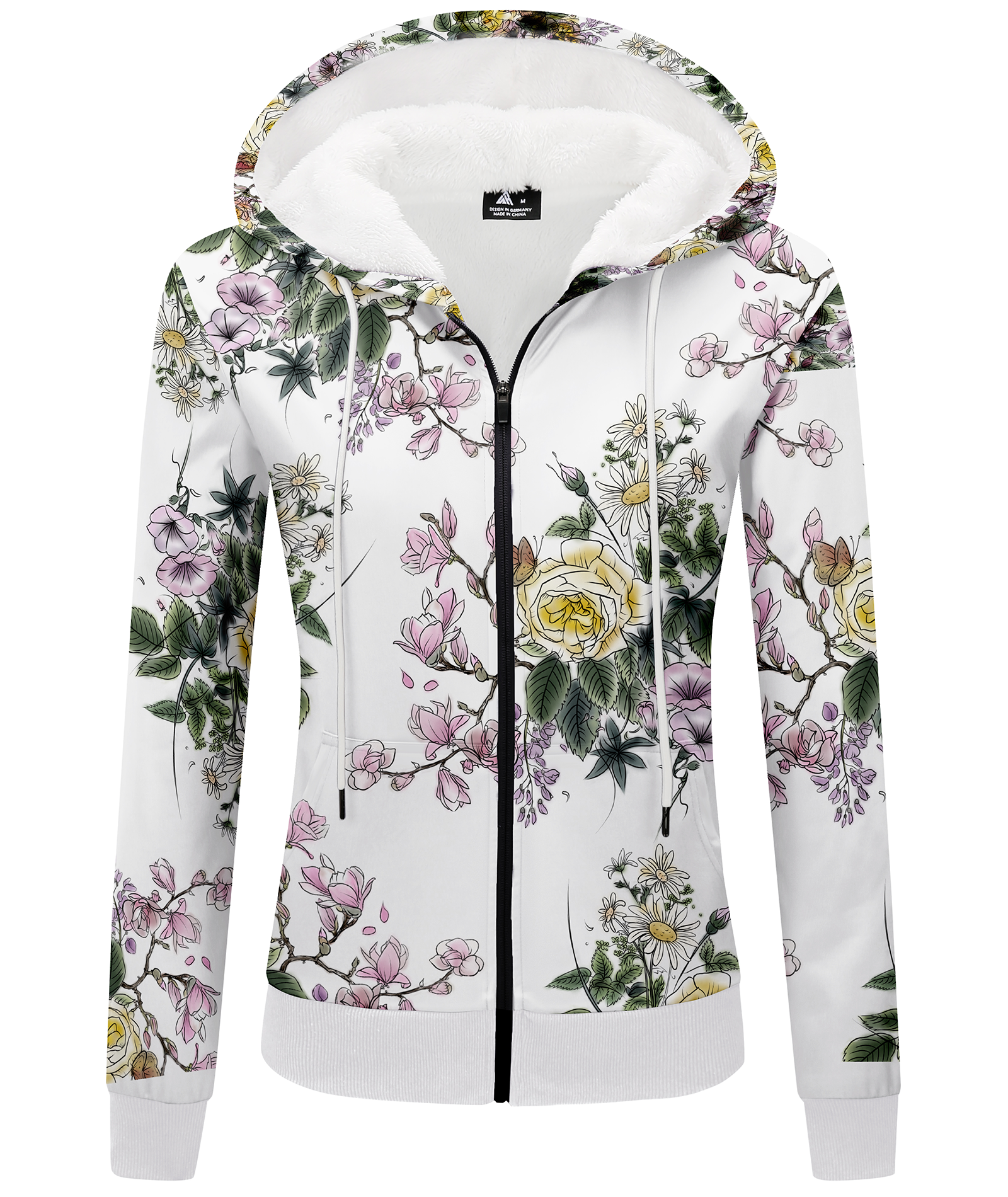 ZITY Women's Full Zipper Flower Print Fleece Hoodie-CUWFH01075