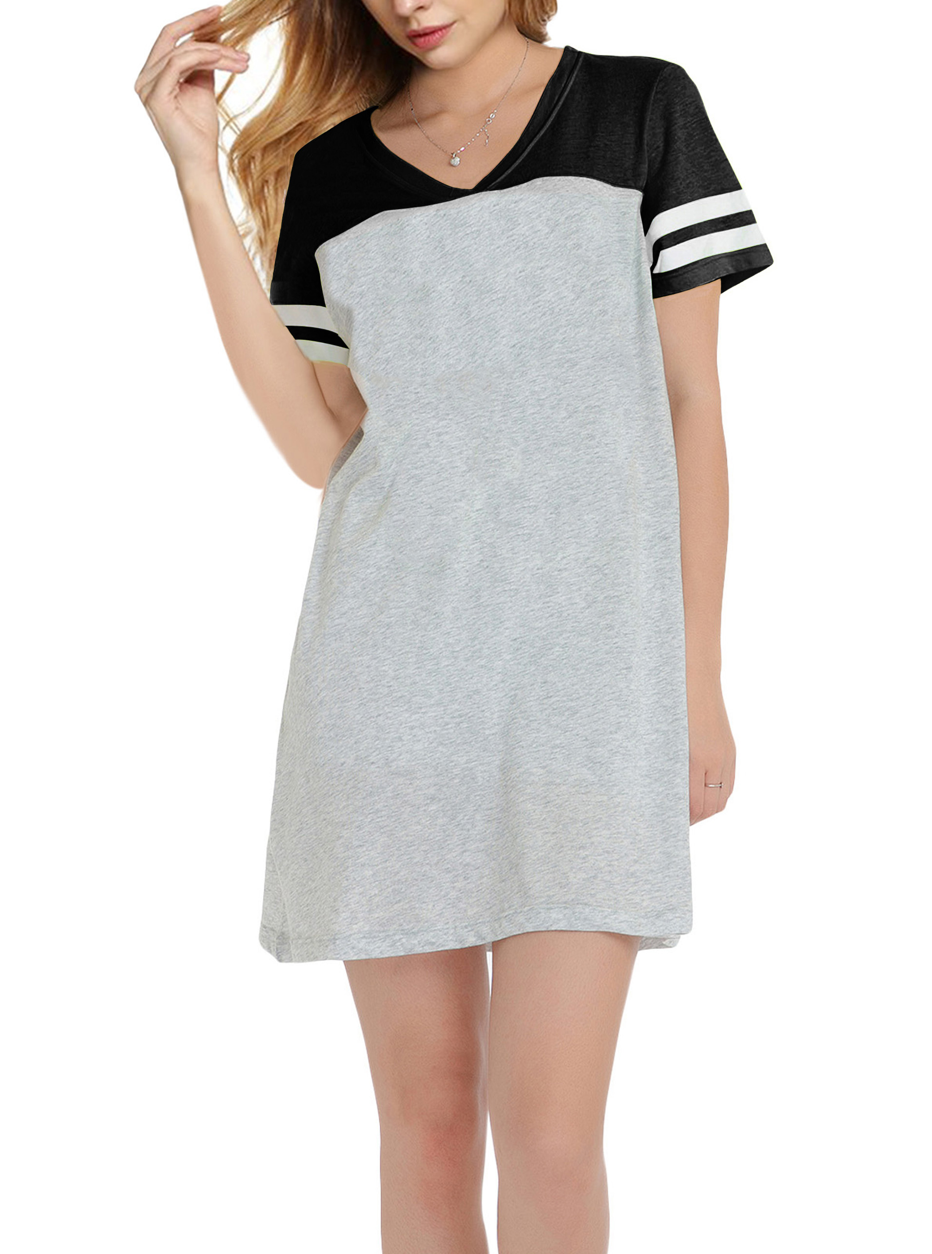 G Women’s Summer Loose Fit V-Neck Striped T-Shirt Dresses Pyjamas Loungewear