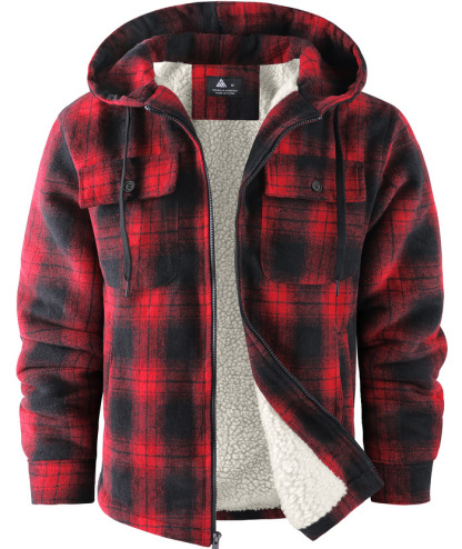 Red Black Plaid Men's Sherpa Lined Soft Plaid Hoodie Jacket - $22.68 Wholesale