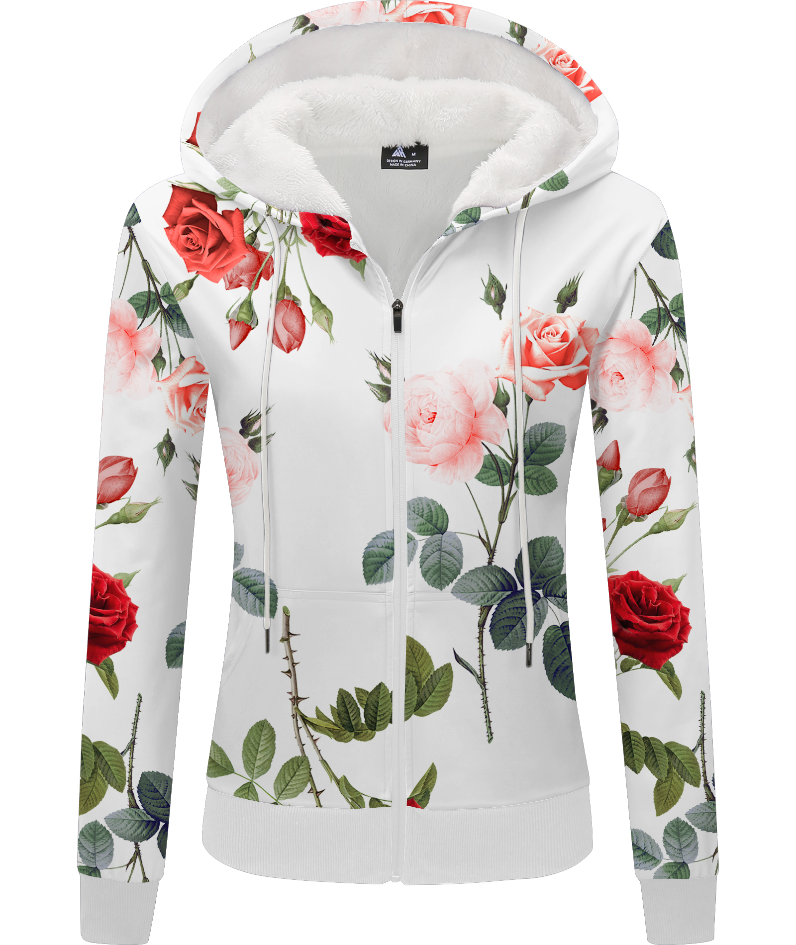 ZITY Women's Full Zipper Floral Print Fleece Hoodie-CUWFH01413