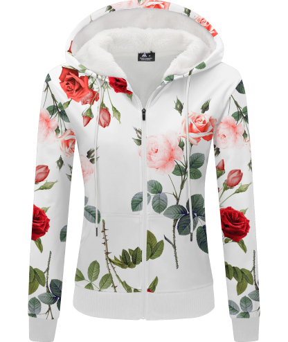 ZITY Women's Full Zipper Floral Print Fleece Hoodie-CUWFH01413