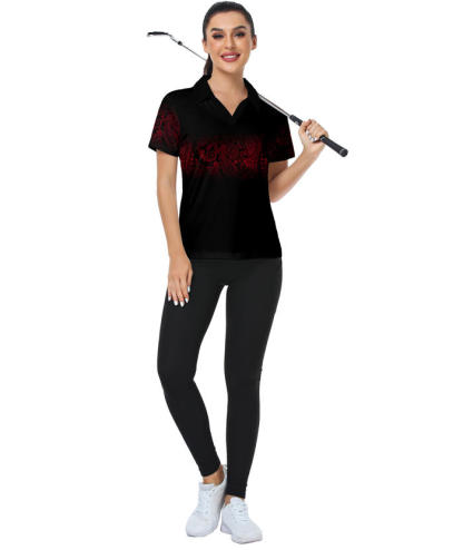 ZITY Women's Cashew Flower Print Casual Golf Polo Shirt-CUWPO02025