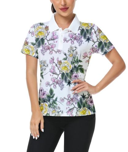 ZITY Women's Flower Printed Dri Fit Golf Polo Shirt-CUWPO02667