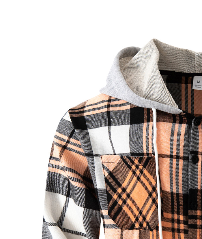 Men's Flannel Drawstring Hooded Plaid Shirt-DUMLT05801