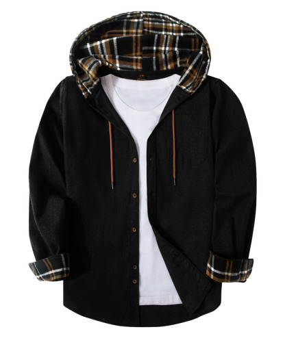 ZITY Men's Color Block Button Plaid Hoodie Shirt-ZPK007042 | Zitysports