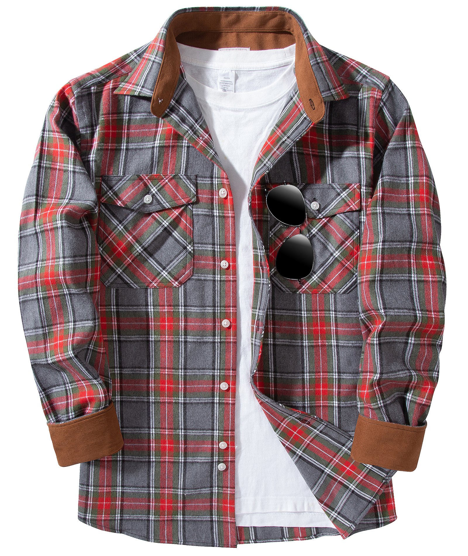 red, green and gray plaid shirt