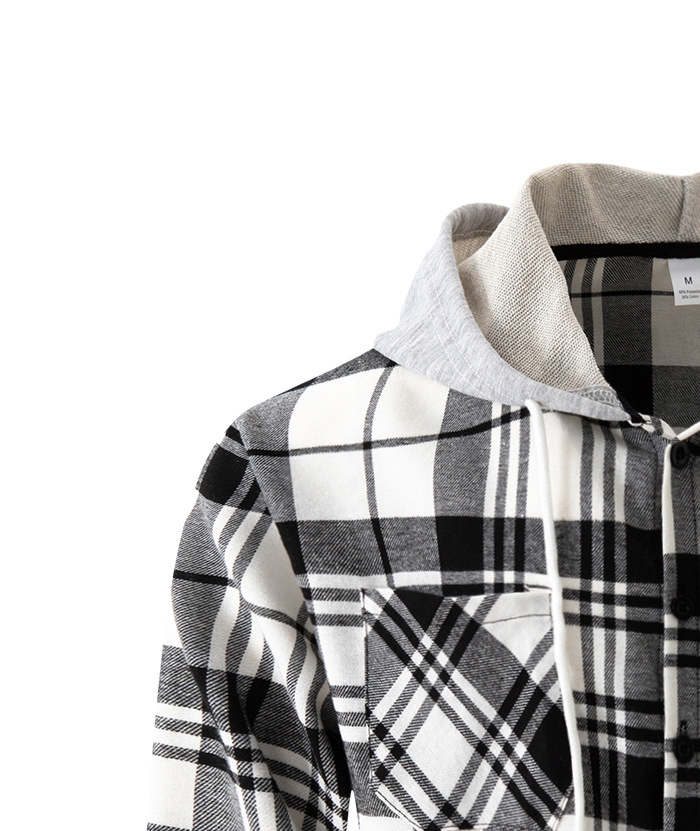 Men's Flannel Drawstring Hooded Plaid Shirt-DUMLT05801